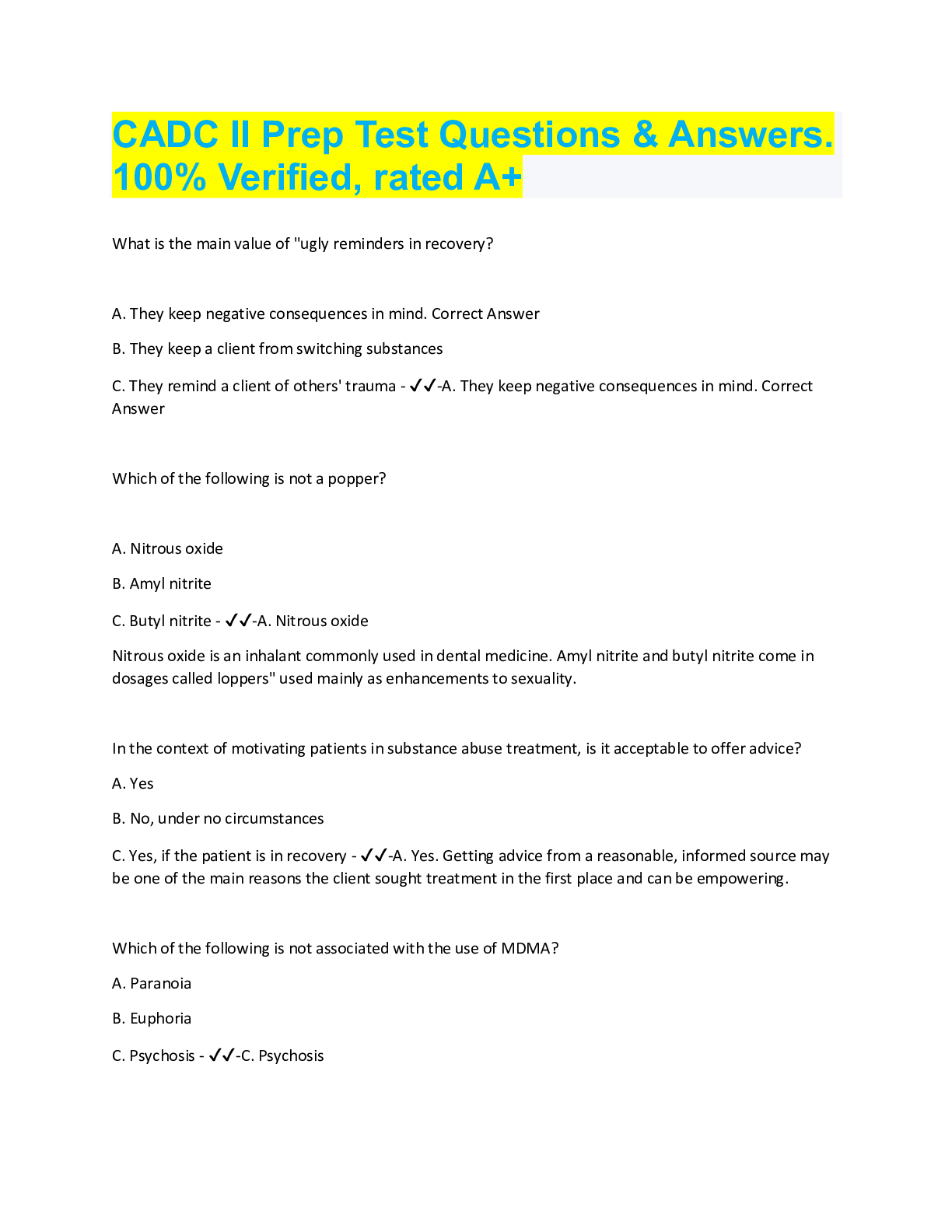 Preview image for CADC II Prep Test Questions & Answers.  100% Verified, rated A+